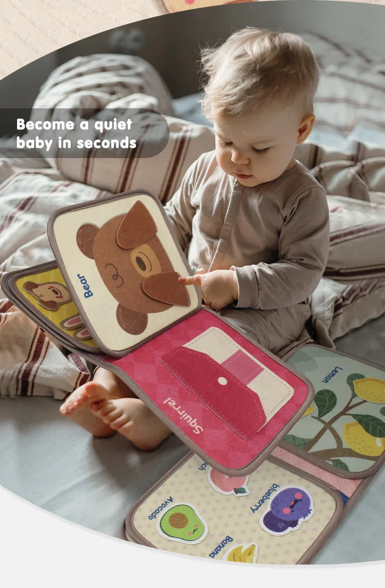 Montessori Busy Book Baby Early Education Book，Puzzle Toy, Animal Cognitive Fabric Book, Repeated Paste Book & Sensory toys