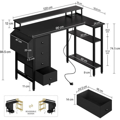 120x70cm L-Shaped Computer Desk with Power Outlets, Monitor Stand and Reversible Shelves, Black