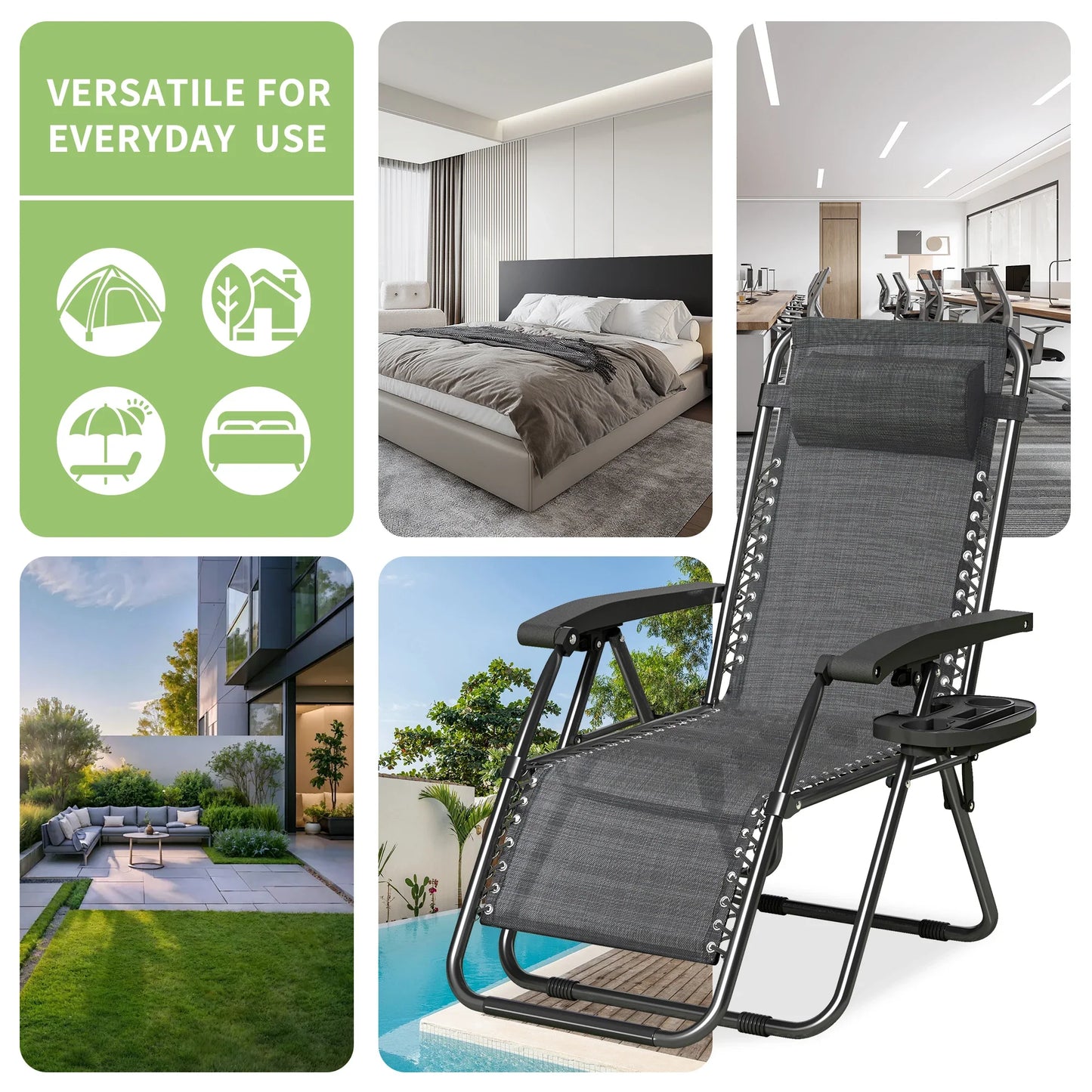 Zero Gravity Reclining Chair Set of 2 – Folding Outdoor & Garden Chairs with Textilene Fabric, Cup Holder and Headrest Pillow