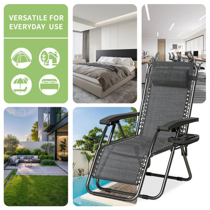 Zero Gravity Reclining Chair Set of 2 – Folding Outdoor & Garden Chairs with Textilene Fabric, Cup Holder and Headrest Pillow