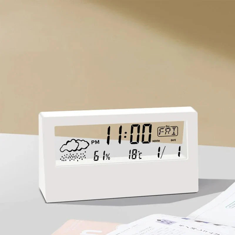 LCD Desktop Alarm Clock Transparent Calendar Weather and Digital Temperature and Humidity Display Home Appliance Smart Life