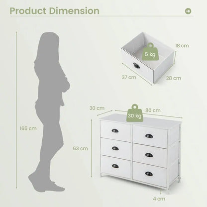 5 6Drawer Dresser, Fabric Chest of Drawers Storage Tower with Wooden Top amp Front, Metal Frame Cabinet Organiser Unit for Bedr