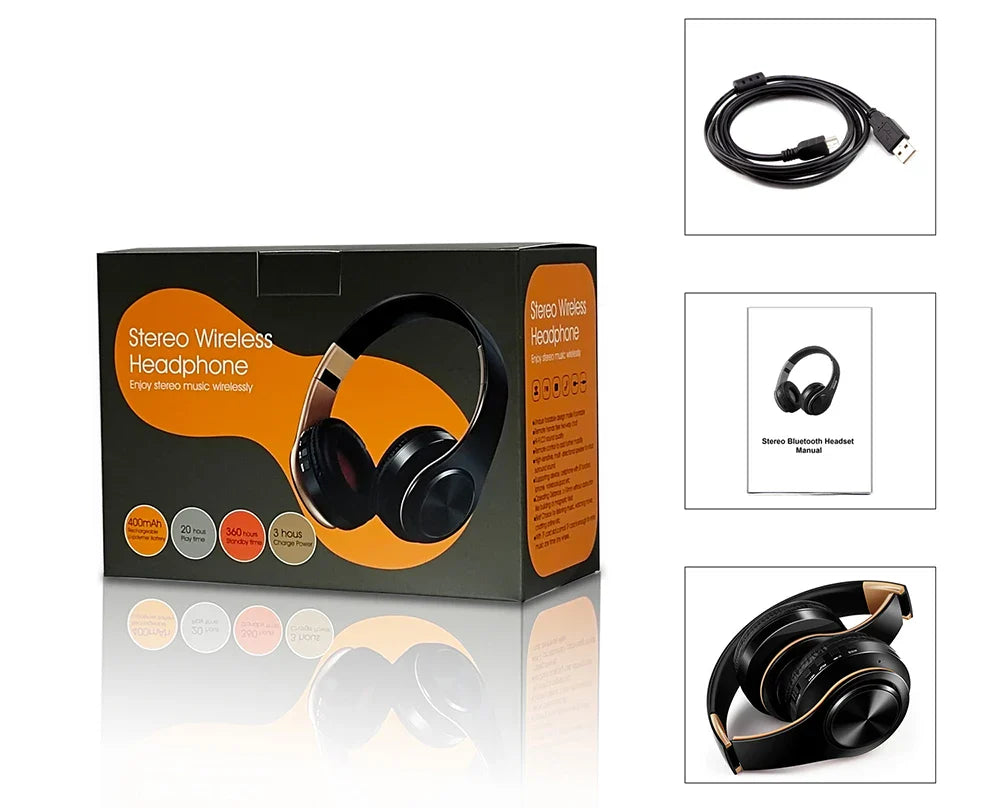 Men Gift Gold Wireless Headphones Bluetooth Earphone Stereo Headset Game with Build-in MIC with Universal for Android and iOS