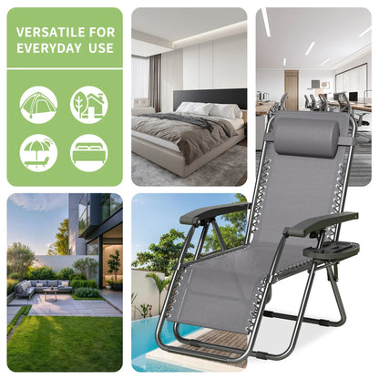 Zero Gravity Reclining Chair Set of 2 – Folding Outdoor & Garden Chairs with Textilene Fabric, Cup Holder and Headrest Pillow