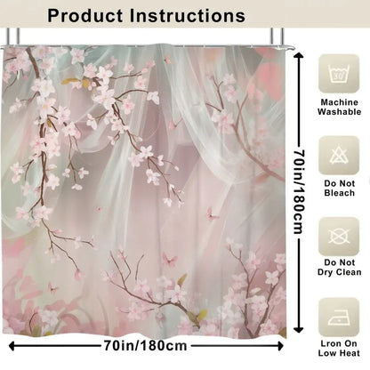 1pc Cherry Blossom and Butterfly Polyester Shower Curtain - Floral Print Bathroom Decor with Hooks, Machine Washable