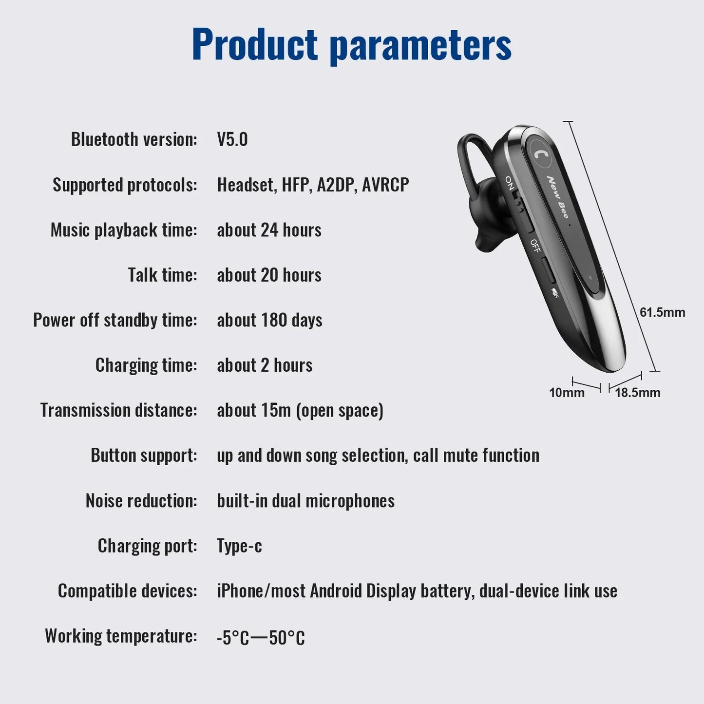 New Bee B45 Bluetooth Headset Wireless Earpiece for Driving Earphone with Dual Mic Earbuds CVC8.0 Noise Reduction Headphones