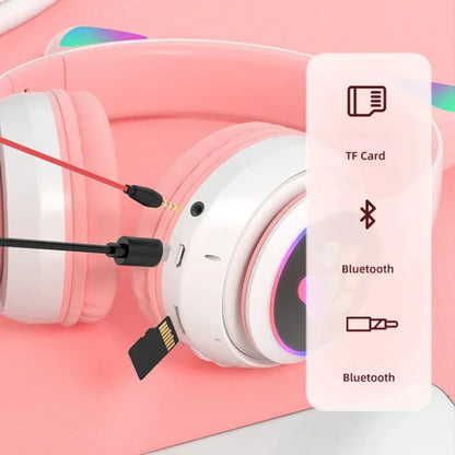 Bluetooth 5.0 Stereo With Mic Flash Lamp Cute Cat Ears Headphone Support TF Card Wireless Kids Girl Earphone Birthday Gift
