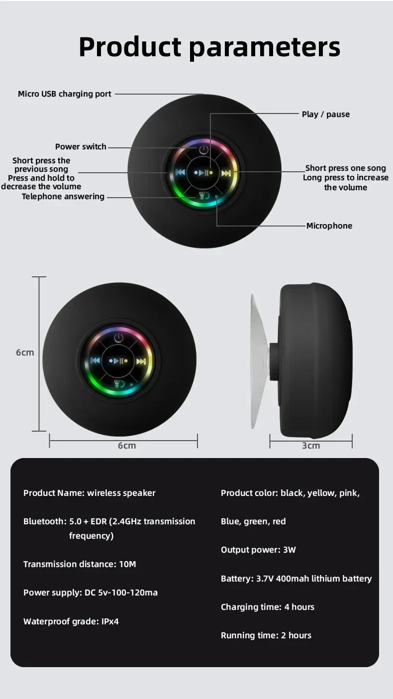 Portable Bluetooth Audio Ipx4 Waterproof Led Lights Bathroom Outdoor Large Suction Cup Can Be Adsorbed Wall Speaker