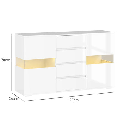 HOMCOM LED Sideboard, High Gloss Storage Cabinet with 4 Drawers, White