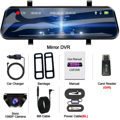 E-ACE 2.5K Mirror Camera For Car Touch Screen Video Recorder Rearview Mirror Dashcam 1440P GPS Wifi 24H Parking DVR Black Box