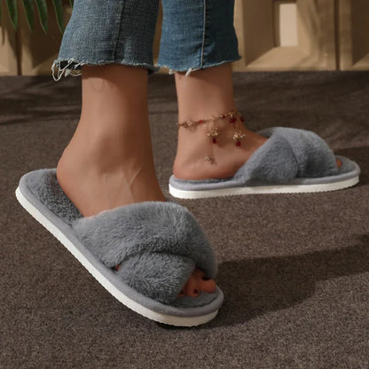 Cross Warm Fluffy Furry Slippers Women Lightweight Flat Heels Fur Slides Woman Autumn Winter Open Toe Non Slip Home Floor Shoes