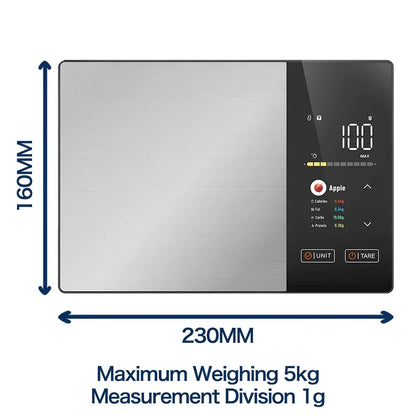 Smart Kitchen Scale Stainless Steel Food Calorie Protein Fat Carbs Nutritional Calculator 11LB/5kg Weight for Healthy Cooking