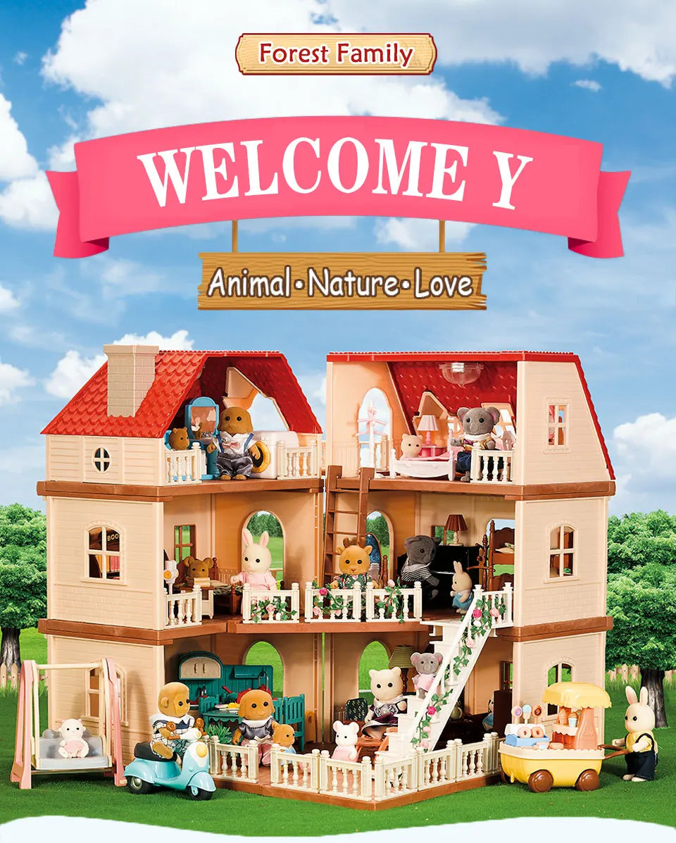 Family Dollhouse Furniture Playset Cabin Doll House DIY Cottage Pretend Play Kitchen Dollhouses Rabbit Dolls Birthdays Gifts