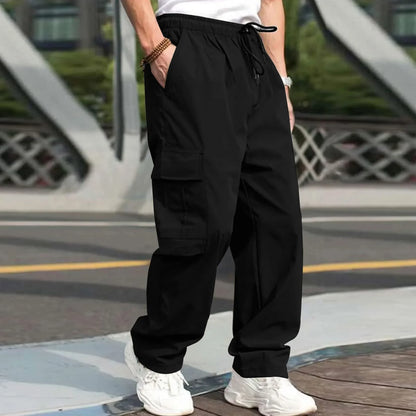 Men Loose Cargo Pants Summer Male High Elastic Waist Zip Pocket Straight Full Trousers BFDZ-A717
