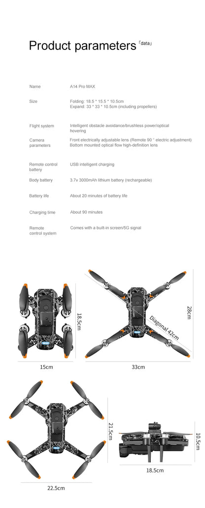 For Genuine A14 Pro Max GPS Brushless 8K Three Camera Obstacle Avoidance Foldable Quadcopter RC with screen Distance Drone Toys