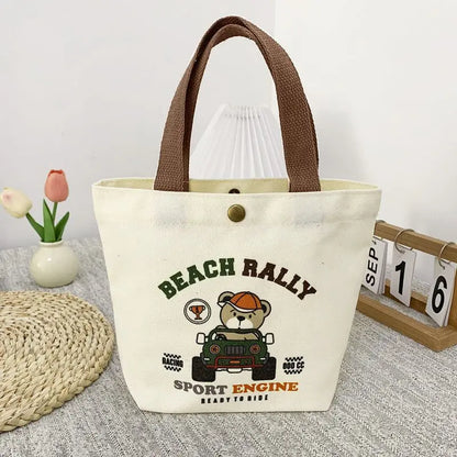 Bear Shape Canvas Tote Bag For Women Cute Mini Handheld Lunch Bag Student School Bag Gift Bag