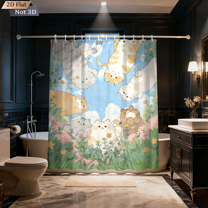 1pc Cute Cartoon Cat Printed Waterproof Shower Curtain Partition Privacy Hanging Curtain with 12 Hooks Multiple Sizes