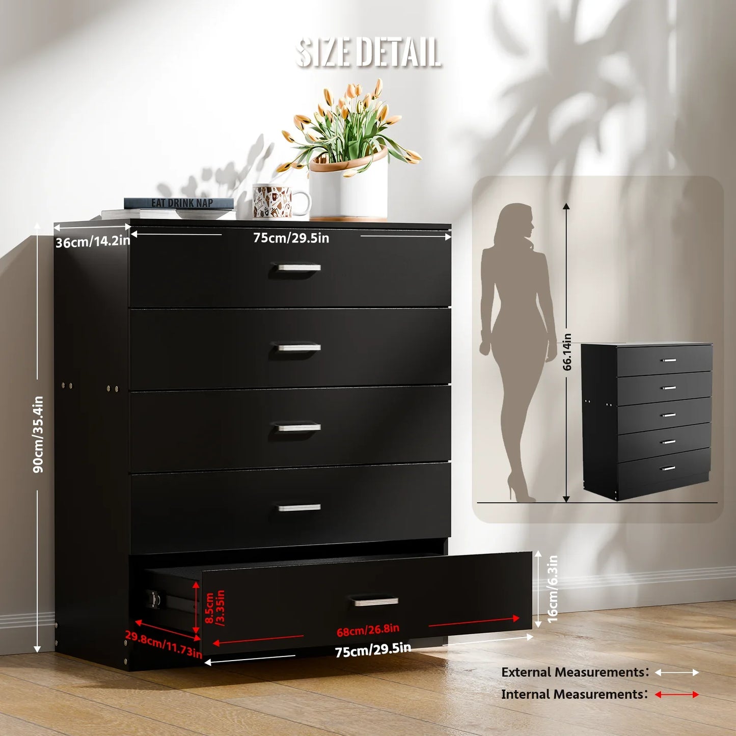 5 Drawer Chest White, Wood Storage Cabinet Dresser for Bedroom, Hallway, Closet Organizer, Modern Furniture (75x36x90cm)