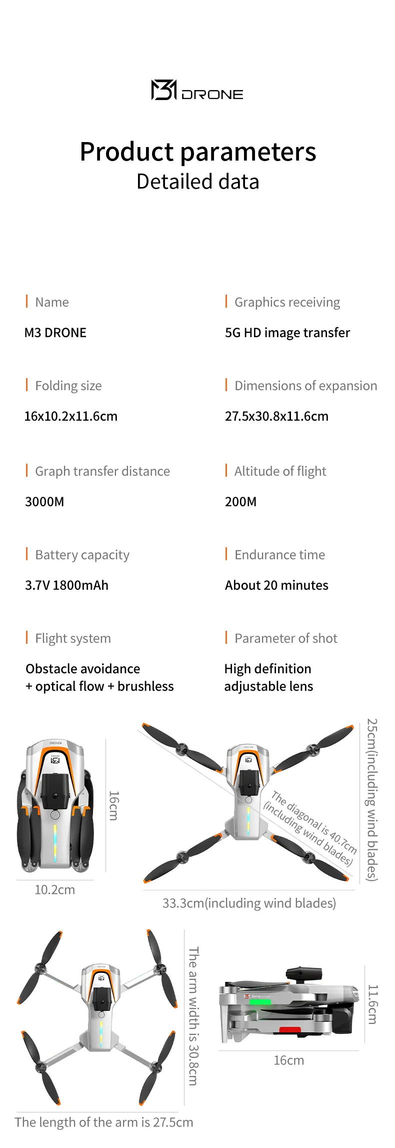 New Obstacle Avoidance M3 Drone Brushless Motor Helicopter Optical Flow Hovering GPS 8K 3 Camera Foldable Quadrotor Aircraft Toy