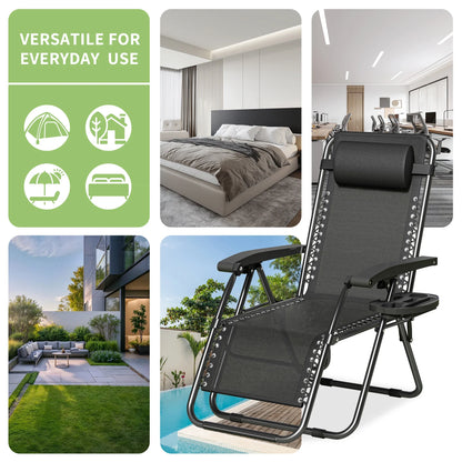 Zero Gravity Reclining Chair Set of 2 – Folding Outdoor & Garden Chairs with Textilene Fabric, Cup Holder and Headrest Pillow