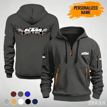 The KTM “Ready to Race” printed half-zip hoodie features workwear pockets and arm pockets, perfect for motorcycle enthusiasts.