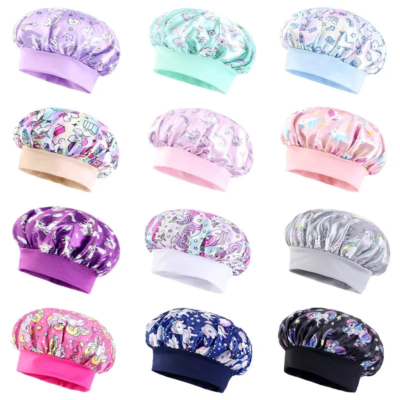 Cartoon Baby Kids Print Satin Bonnet Sleep Hat Cap for Curly Hair Adjustable Silky Satin Cap for Toddler Night Sleep Caps Beanie