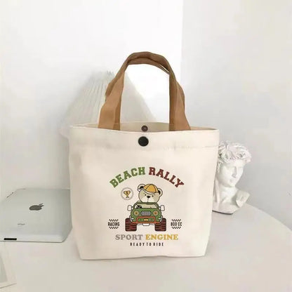 Bear Shape Canvas Tote Bag For Women Cute Mini Handheld Lunch Bag Student School Bag Gift Bag