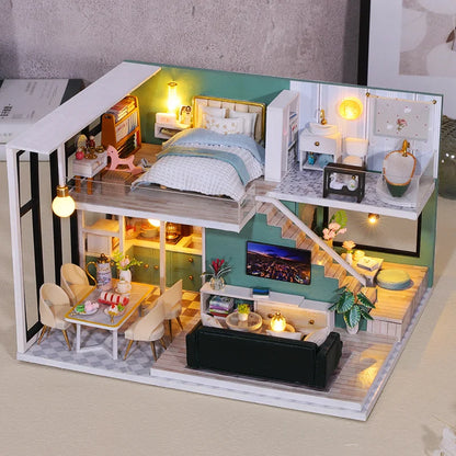DIY Wooden Doll House Handmade Duplex Apartment Production 3D Puzzle Assembly Building Duplex Apartment Model Toy Children Gifts