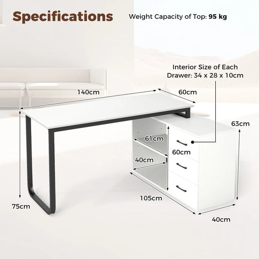 GOFLAME L Shaped Computer Desk Corner Executive Desk w/3 Drawers-White