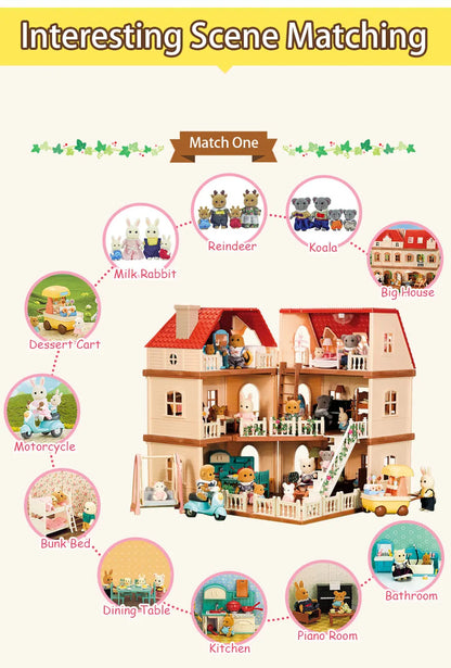 Family Dollhouse Furniture Playset Cabin Doll House DIY Cottage Pretend Play Kitchen Dollhouses Rabbit Dolls Birthdays Gifts
