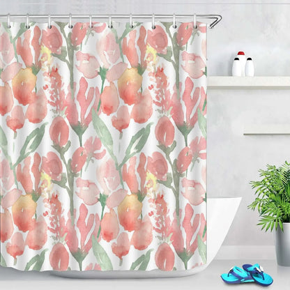 Pink Tulip Bathroom Curtain Flower Plant Shower Curtain Bathroom Polyester Waterproof Decorative Curtain with Hooks