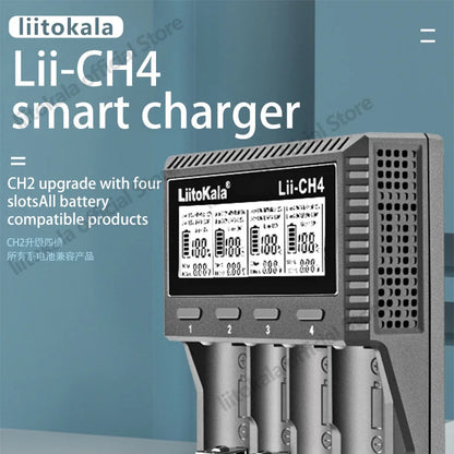 LiitoKala Lii-CH4 Smart Charger for 18650/21700/26650/AA/AAA/Ni-MH/Li-ion,1.2V/1.5V 4-Slot Fast Charge, USB-C, Auto Detect