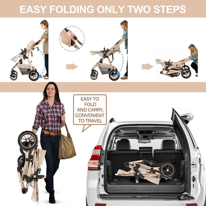 3 in 1 Prams Travel System, Pushchair with Height Adjustable Handle, Travel Pram with Mosquito Net, Baby Stroller with Aluminum