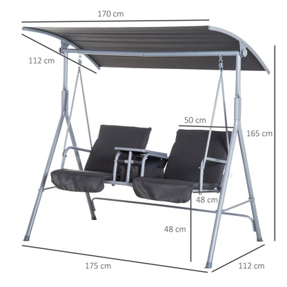 Outsunny 2 Seater Garden Swing Chair Patio Rocking Bench W/ Tilting Canopy, Double Padded Seats, Storage Bag and Tray, Grey
