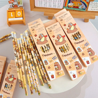 12Pcs/Pack Cartoon Animal Capybara Theme HB Writing Pencils for Kids Birthday Party Favors Back To School Rewards Goodie Bag