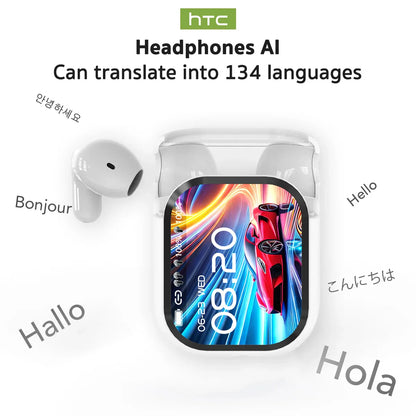 [Ultra HD Screen] HTC NE20 Earphones Bluetooth V6 TWS Sports Wireless Headphones AI Translator Earbud In-Ear Noise Reduction Mic