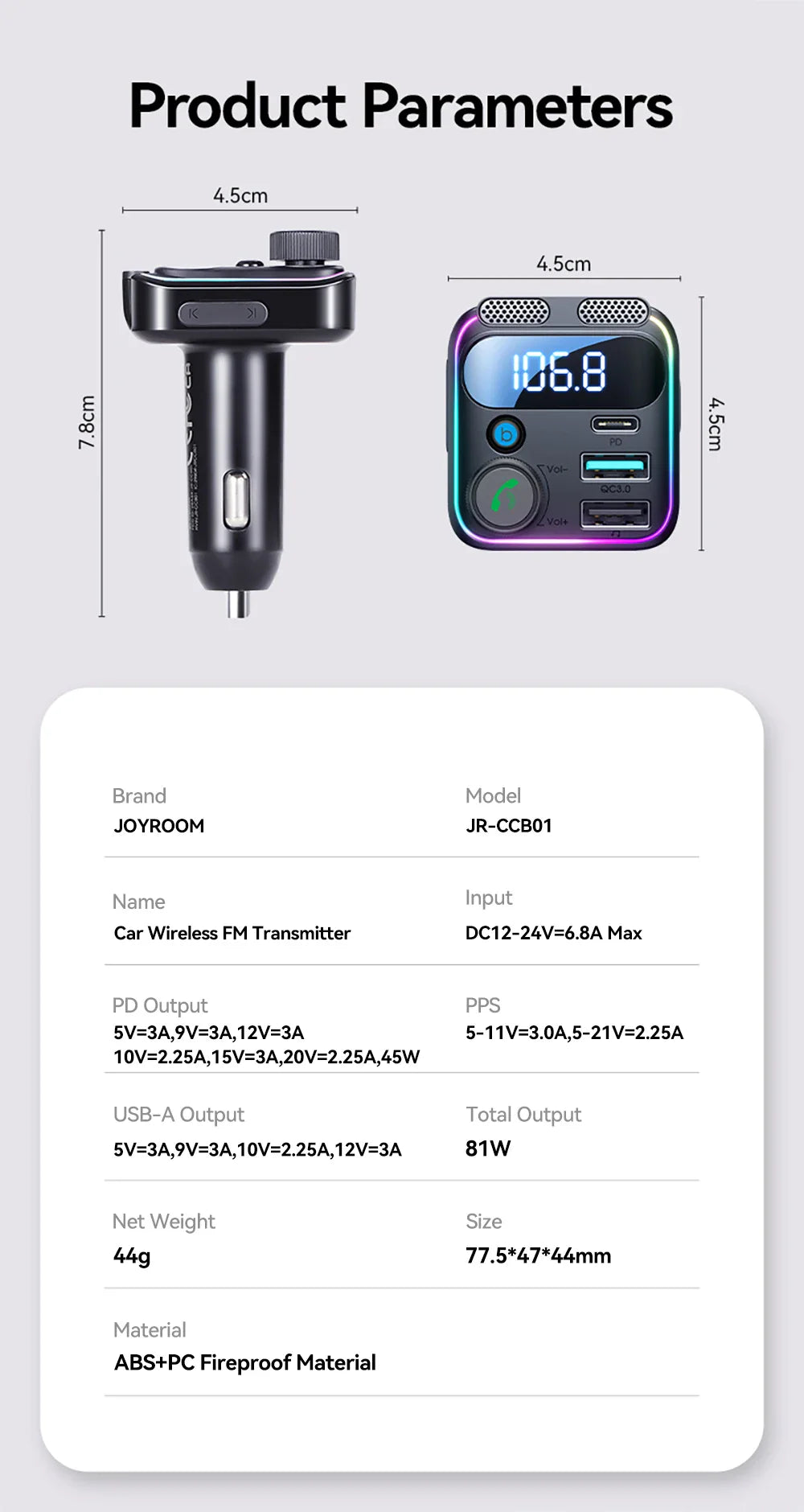 JOYROOM 81W Bluetooth 6.0 Car FM Transmitter Dual Mics PD&QC 3.0 Car Fast Charging Charger Adapter U Disk Hands-Free Calling