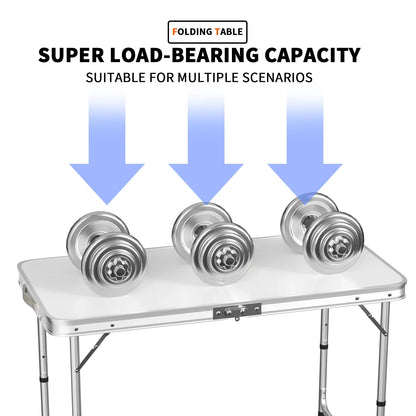 Features:  - Folding table with carry handle  - Moulded plastic top - includes handy carrying handle  - Sturdy aluminum alloy fr