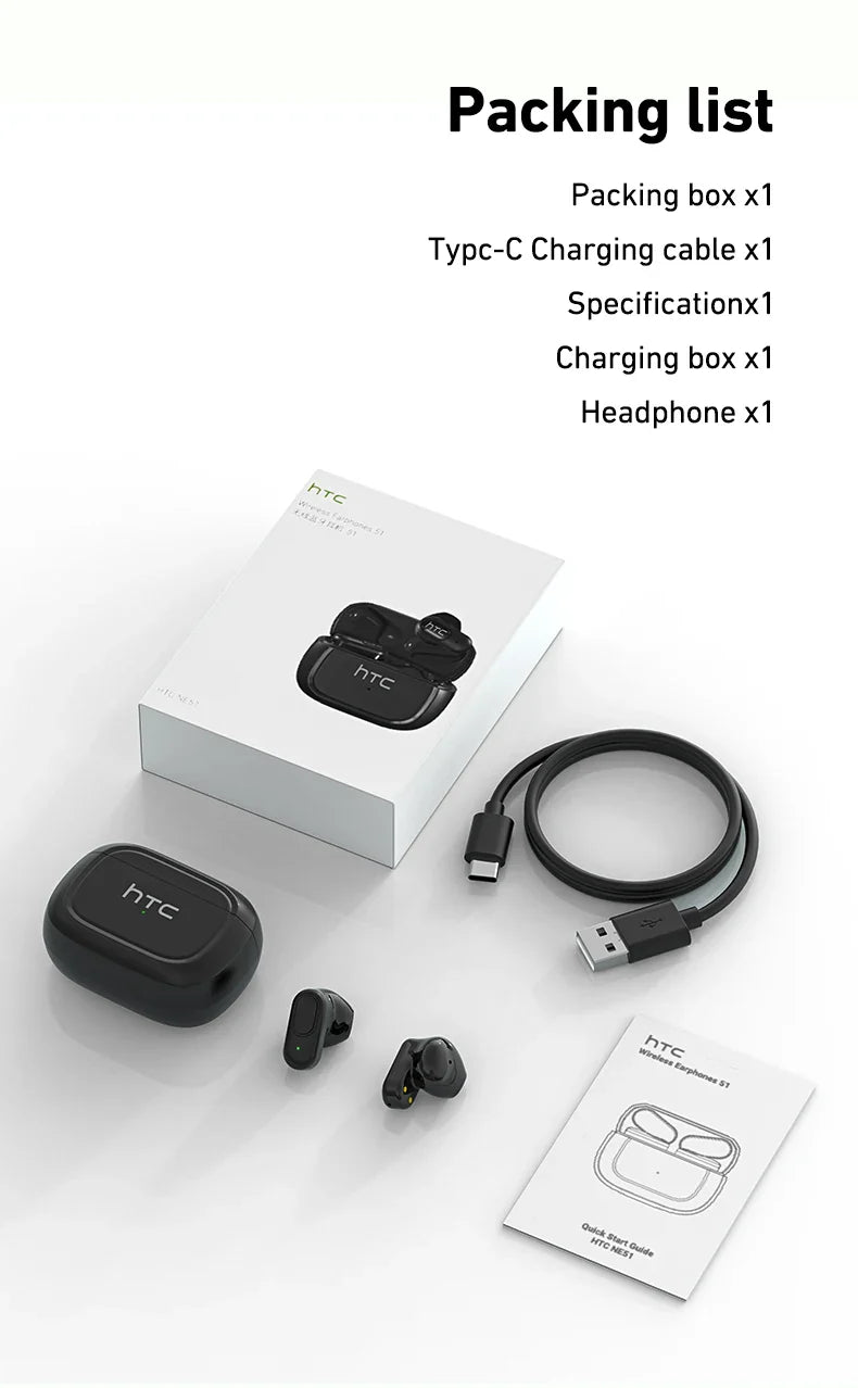 HTC NE51 Bluetooth Earphones TWS Mini EarBuds Sports Wireless Headphones Smart Noise Reduction Earbuds Green Black