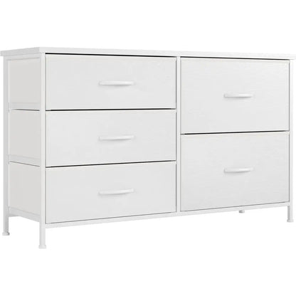 5 Drawer Bedroom Chest with Storage, Wooden Top, Steel Handles, White, 30 x 100 x 61