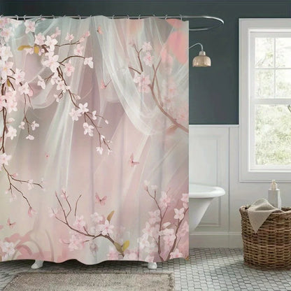1pc Cherry Blossom and Butterfly Polyester Shower Curtain - Floral Print Bathroom Decor with Hooks, Machine Washable