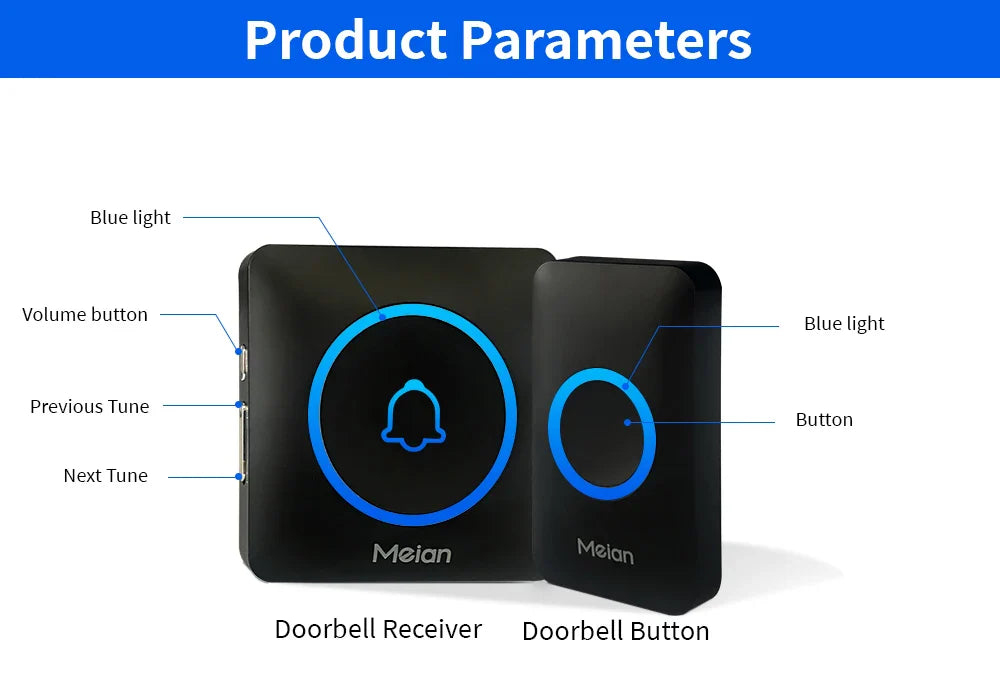 Meian IP65 Waterproof Wireless Doorbell Smart Home Outdoor Door Bell 60 Ringtone 5 Volume Adjustable LED Flash Smart Door Bell