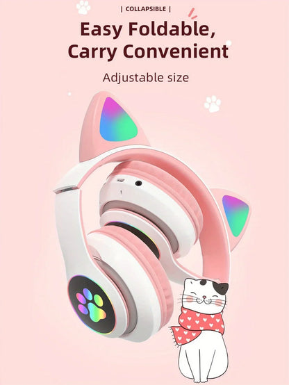 New Cute Cat Wireless Headphones RGB Cute Cat Ears Headset With Microphone Noise Cancelling Kid Stereo Music Children's Gifts