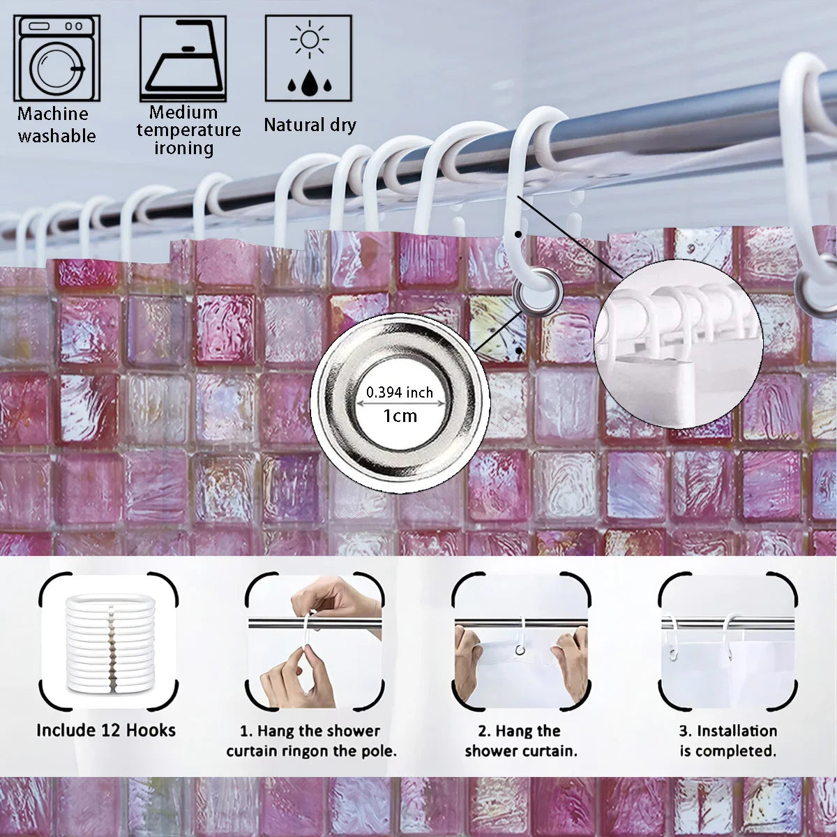 1pc pink ice block imitation simple printing waterproof partition privacy hanging curtain with 12 hooks, multiple sizes