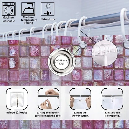 1pc pink ice block imitation simple printing waterproof partition privacy hanging curtain with 12 hooks, multiple sizes