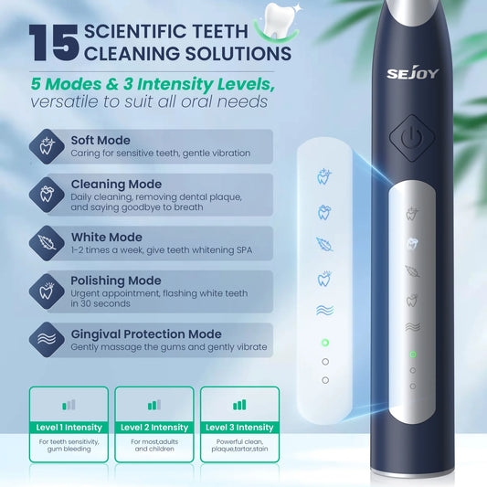 Sejoy Electric Sonic Toothbrush with 10 pcs Replacement Heads Rechargeable Waterproof Tooth Brushes for Home Travel