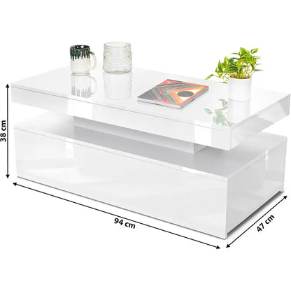 Modern White High Gloss Coffee Table with LED RGB Lights, Storage and Sofa Side Functionality for Living Room and Home Office