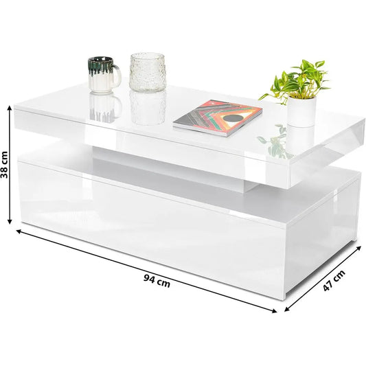 Modern White High Gloss Coffee Table with LED RGB Lights, Storage and Sofa Side Functionality for Living Room and Home Office