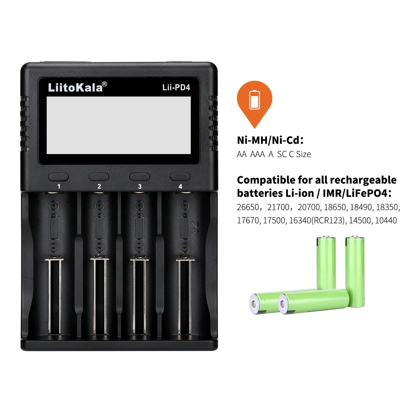 LiitoKala Lii-PD4/PD2 AC PD Charger LCD Fast Charging 4/2-Bay for 21700/18650/AA/AAA Multi-Protection Auto-Detect