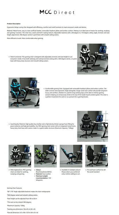mcc direct Swivel Faux Leather Office Chair Racing Sports Gaming Tilt Computer Desk Chair with Headrest & Lumbar Cushion A